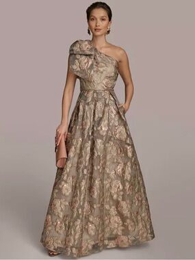 Donna Karan One-Shoulder Metallic Floral Ball Gown in Taupe and Rose Gold